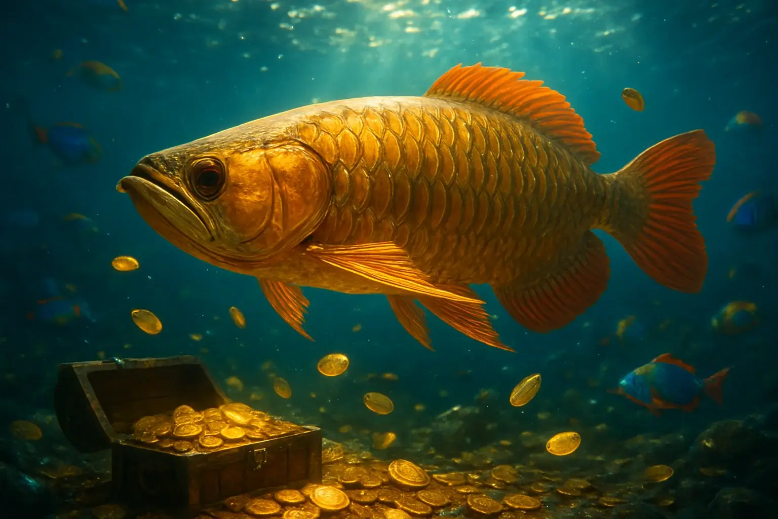 Hyperrealistic underwater golden dragon fish with glowing coins and treasure