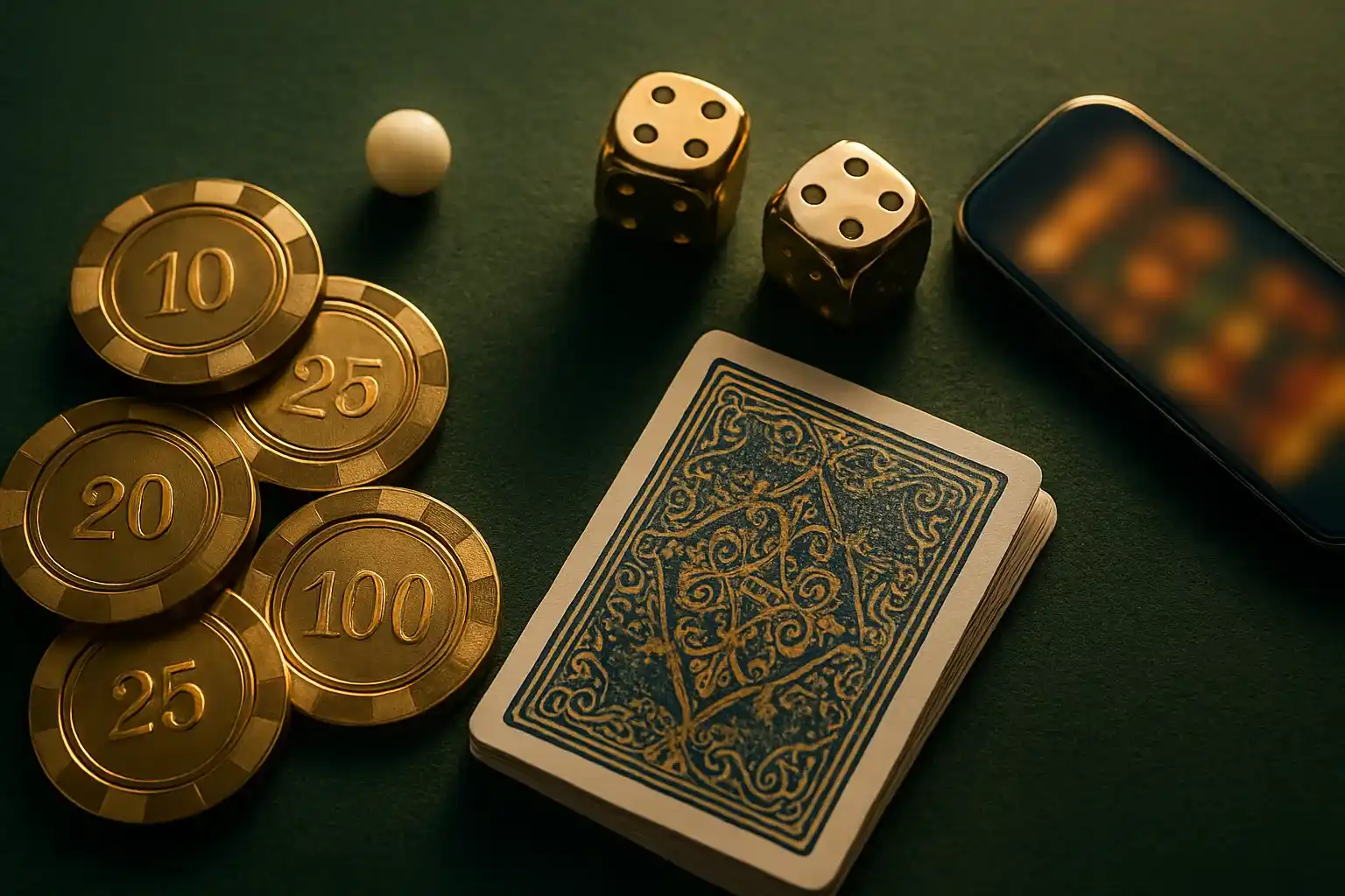 Top-down casino table with golden chips, cards, dice, roulette ball, smartphone