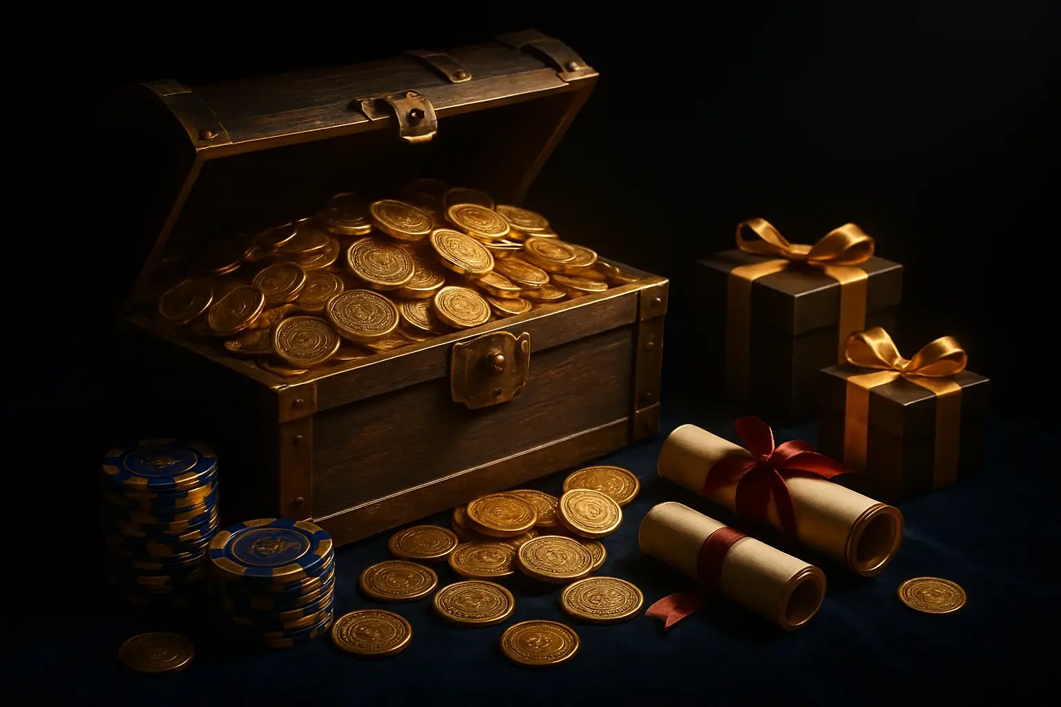 Overflowing treasure chest with gold coins, casino chips, vouchers, and gift boxes
