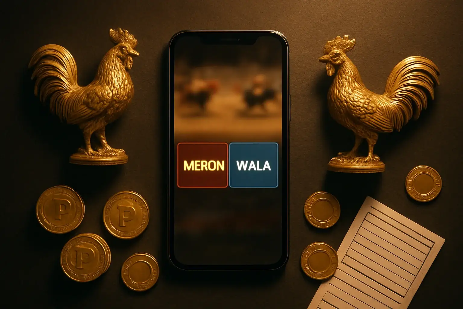 Smartphone sabong betting interface with golden roosters, peso coins, and chips