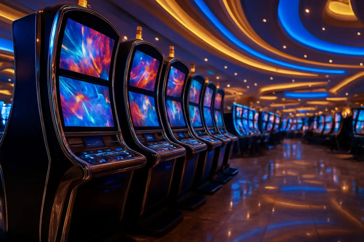 Hyperrealistic wide shot of Manila casino slots floor with blue gold lighting